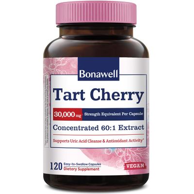 Bonawell Tart Cherry 60:1 Extract, 30000mg Strength, Made from Montmorency Tart Cherries, Powerful Uric Acid Cleanse, Muscle Mobility, 2 Month Supply, 4 Month Supply, 120 Capsules