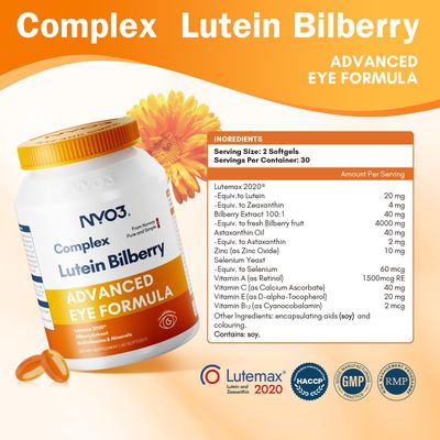 NYO3 Lutein 20mg and Zeaxanthin Supplements, Lutemax 2020, 60 Softgels Advanced Bilberry &amp; Astaxanthin, Vitamins A, C, E, B12 &amp; Minerals, Eye Health &amp; Vision Protection