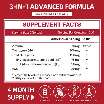 CoQ10 200mg Softgels with PQQ &amp; Omega 3, Maximum Absorption Coenzyme Q10, Powerful Antioxidant for Heart &amp; Energy Health, 120 Count, 4 Month Supply, Non-GMO
