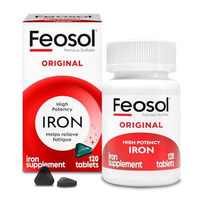 Feosol Original Iron Supplement Tablets, Non-heme, 325mg Ferrous Sulfate (65mg Elemental Iron) per Iron Pill, 1 Per Day, 120ct, 4 Month Supply, for Energy and Immune System Support, Made in USA