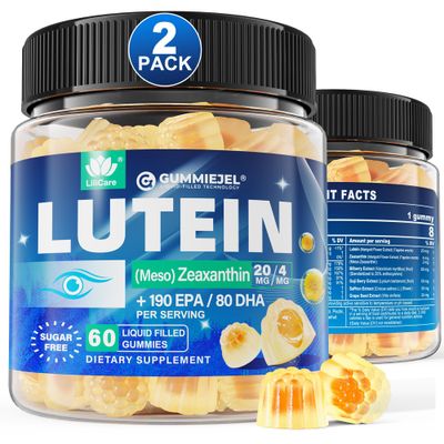 2 Pack Sugar Free Lutein 20mg 40mg and Zeaxanthin Gummies for Eyes with EPA 190mg &amp; DHA 80mg, Eye Vitamins Filled Gummies Plus Bilberry, Goji Berry &amp; Saffron, Eye Health Supplements for Adults - Vegan