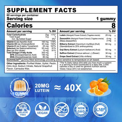 2 Pack Sugar Free Lutein 20mg 40mg and Zeaxanthin Gummies for Eyes with EPA 190mg &amp; DHA 80mg, Eye Vitamins Filled Gummies Plus Bilberry, Goji Berry &amp; Saffron, Eye Health Supplements for Adults - Vegan