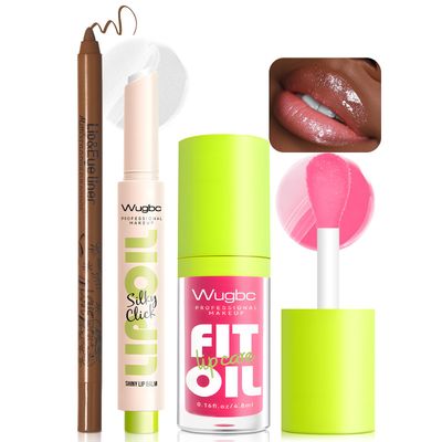 Wugbc Brown Lip Liner Pink Lip Gloss Fat Oil Slick Click Clear Shimmer, Ultra-Hydrating Lip Balm Tinted Lip Glow Oil for Women Makeup, Lightweight Non Sticky Liquid Lipstick Lip Liner Pencil Combo Set