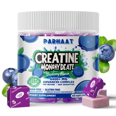 Creatine Monohydrate Chews Complex 6400mg for Men &amp; Women -Advanced Formula W/L-Taurine Vitamin B12, Sugar Free Chewable Supplement,60 Blueberry Softchews