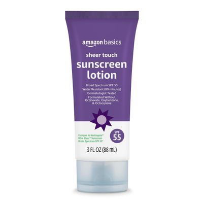 Amazon Basics Sheer Facial Sunscreen SPF 55, UVA/UVB Protection, Unscented, Lightweight, Water Resistant, Formulated without Octinoxate &amp; Oxybenzone, 3 fl oz (Pack of 1) (Previously Solimo)