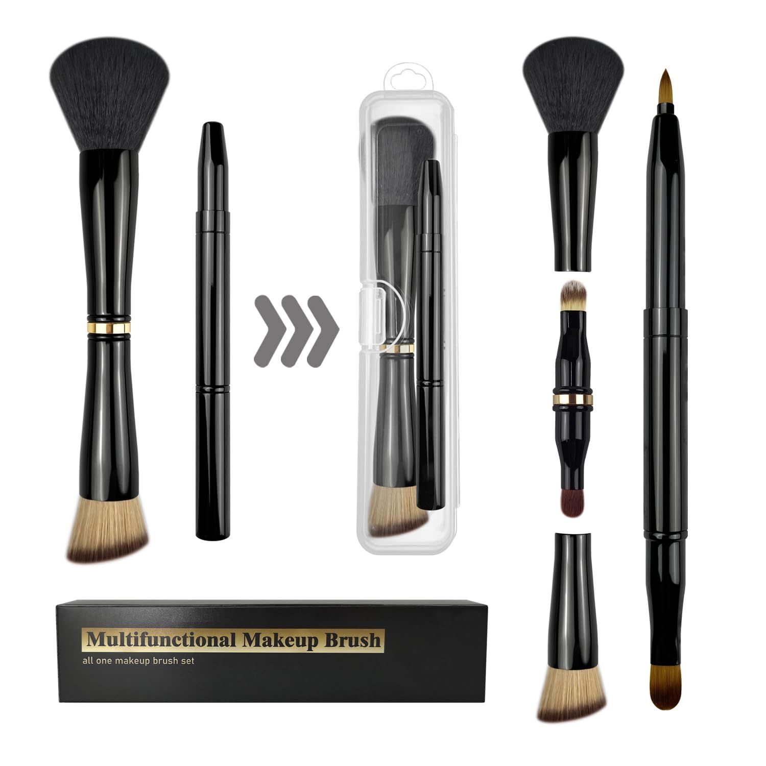 2 Pack 4 in 1 Makeup Brush Set, Retractable Lip Brush for Lipstick, Powder Foundation Brush, Concealer Brush, Eyeshadow Brush, Lip Brush Applicator, Double Ended Makeup Brush for Liquid, Cream, Powder