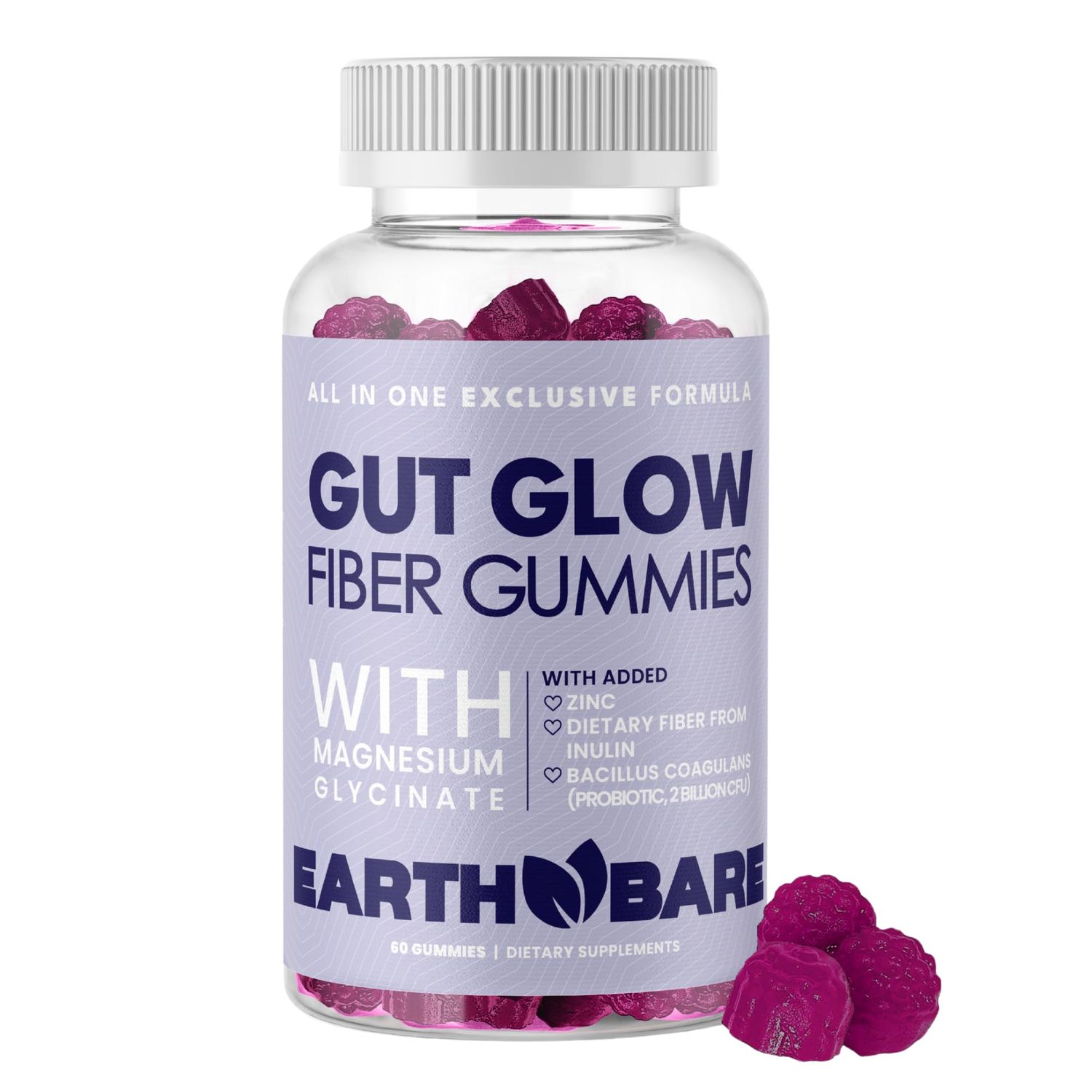 Earth Bare Gut Glow Fiber Gummies - Prebiotic Fiber Supplement with Inulin &amp; Apple Pectin - Sugar-Free, Vegan, &amp; Non-GMO - Magnesium Glycinate for Digestion Health - Berry Flavor - 60 Gummies