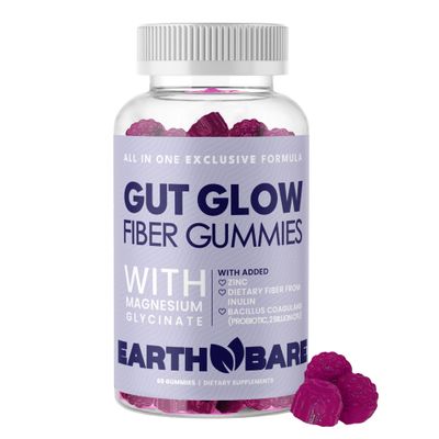 Earth Bare Gut Glow Fiber Gummies - Prebiotic Fiber Supplement with Inulin &amp; Apple Pectin - Sugar-Free, Vegan, &amp; Non-GMO - Magnesium Glycinate for Digestion Health - Berry Flavor - 60 Gummies