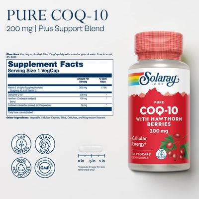 SOLARAY Pure CoQ-10 200 mg | Healthy Heart Function &amp; Cellular Energy Support | Enhanced with Herb Blend | 30 VegCaps