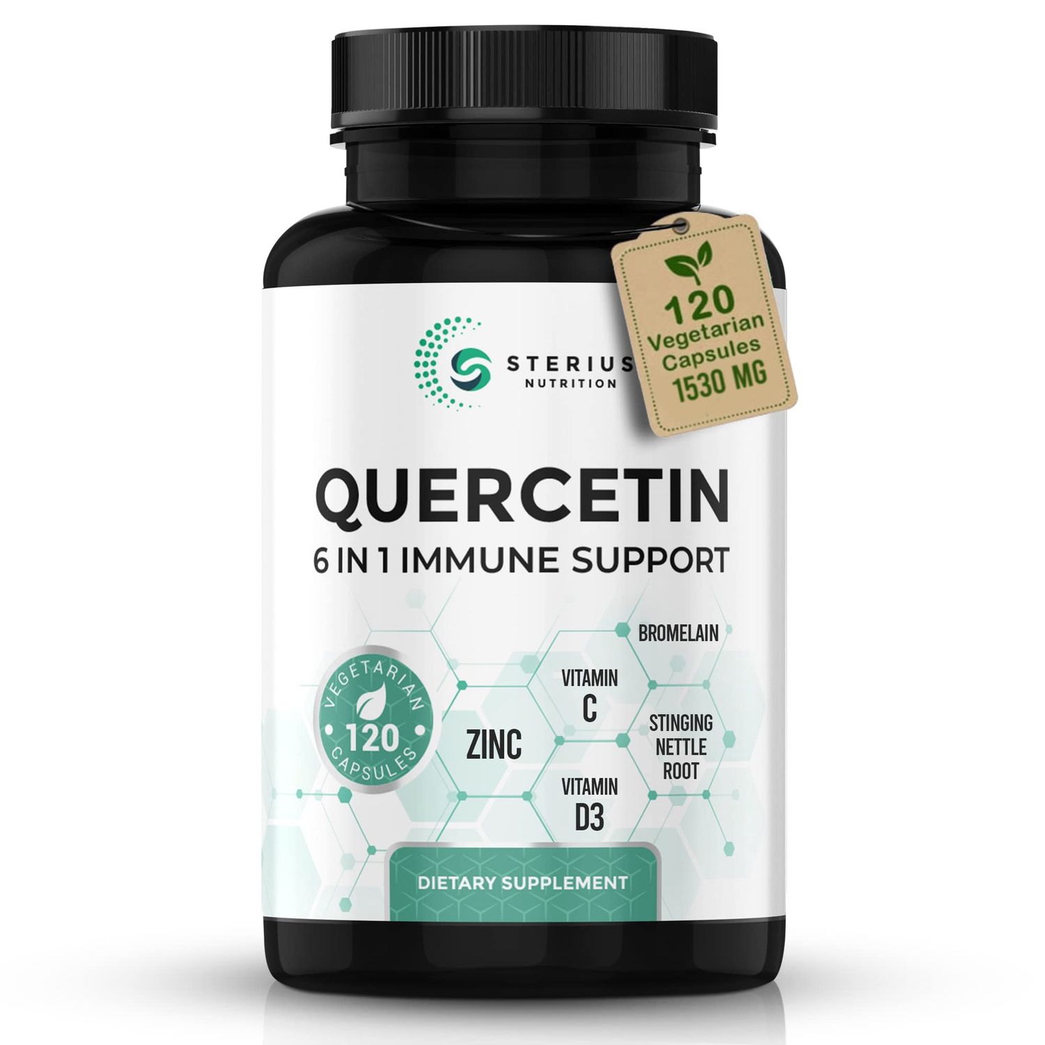 STERIUS NUTRITION 6 in 1 Quercetin with Bromelain, Zinc, Vitamin C, D3, Stinging Nettle Root - Bioflavonoids Quercetin 800mg - Antioxidant &amp; Immune Support Supplement - 120 Vegan Capsules