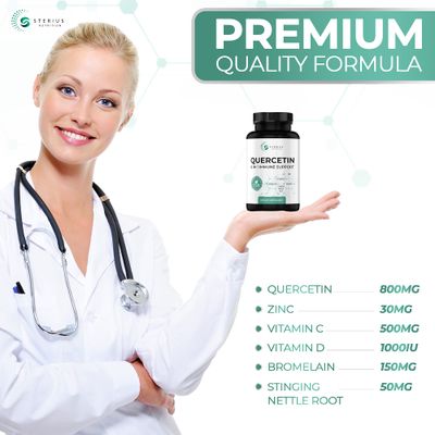 STERIUS NUTRITION 6 in 1 Quercetin with Bromelain, Zinc, Vitamin C, D3, Stinging Nettle Root - Bioflavonoids Quercetin 800mg - Antioxidant &amp; Immune Support Supplement - 120 Vegan Capsules