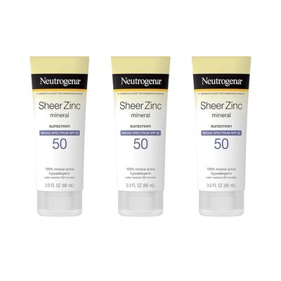 Neutrogena Mineral Sunscreen Sheer Zinc Oxide Dry-Touch Lotion, Broad Spectrum Sunblock SPF 50, Water Resistant Sunscreen For Sensitive Skin, 3 fl. oz, 3 Pack