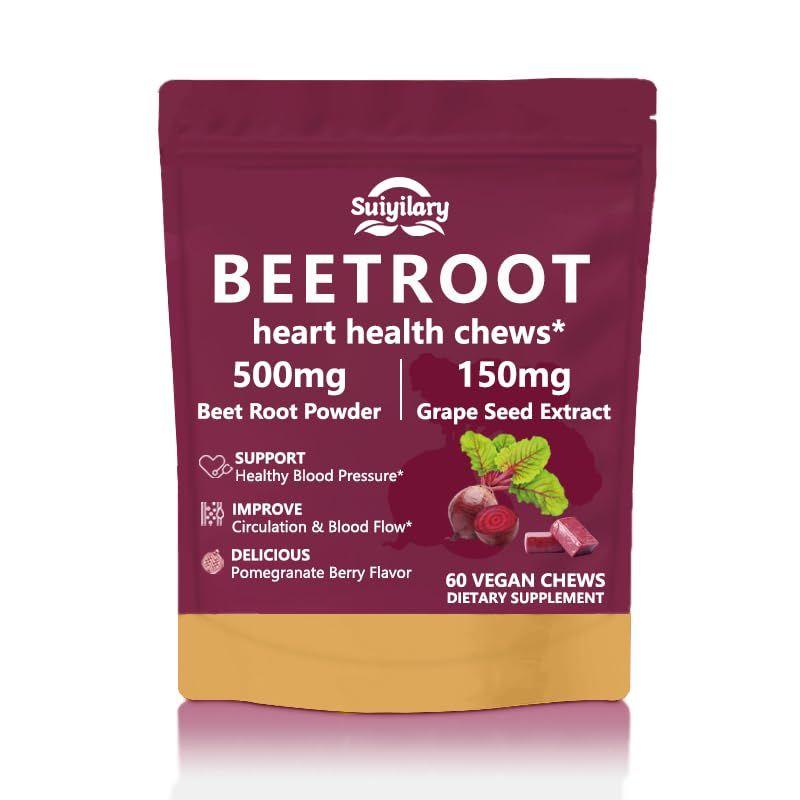 Beet Root Soft Chews, Grape Seed Extract &amp; Non-GMO Beets Powder Healthy Energy Supplement with Elite Ingredients, Heart Health Superfood, Pomegranate Berry Flavor, 60 Count