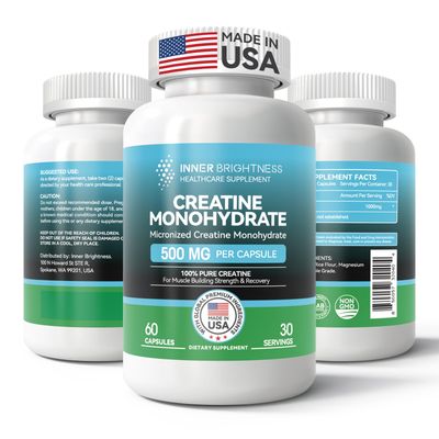 Inner Brightness Creatine Monohydrate Capsules for Muscle Builder, Endurance &amp; Strength, Workout Supplement | Non-GMO, Gluten Free - 60 Capsules