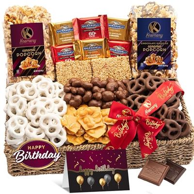 KREMERY Creamy Chocolate Cravings - Happy Birthday Treats, Chocolate Covered Pretzels &amp; Caramel Popcorn Gift Basket, in Seagrass Tray Ribbon &amp; Greeting Card (Deluxe, 3.5 lbs) Kosher Dairy, USA Made