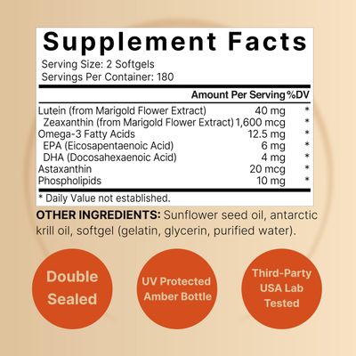 Lutein 40mg Zeaxanthin 1,600mcg, 360 Softgels | 4-in-1 Formula with Astaxanthin, Omega-3 & Phospholipids | Marigold Flower Extract | Supports Eye, Brain & Vision Health | Non-GMO, Gluten Free