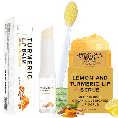 3PCS Turmeric Lip Balm and Turmeric Lemon Lip Scrub for Dark Lips to Lighten with Brush Set, Lips Scrubber Exfoliator &amp; Blam, Natural Exfoliator &amp; Moisturizer for Dry, Chapped, Reduce Fine Lines