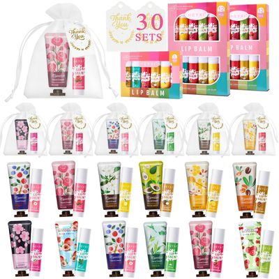 Lip Balm Bulk and Hand Cream Set With Organza Bag Thank You Card, Bridal Shower Favors and Baby Shower Party Favors for Guests, Thank You Gifts for Coworkers Women 120PCS/30 SET