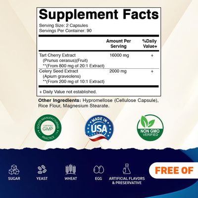 Vitamatic Tart Cherry 20X Extract with Celery Seed 10X Concentrated Extracts - - 180 Veg Capsules - Vegetarian, Non-GMO, and Gluten Free