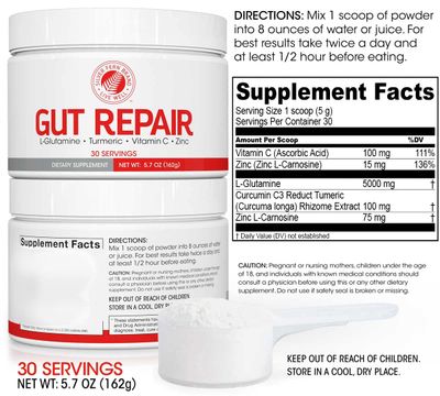Silver Fern Gut Repair - Digestive Health Supplement Powder - L-Glutamine, Curcumin, Zinc &amp; Ascorbic Acid (2 Tubs - 60 Servings)