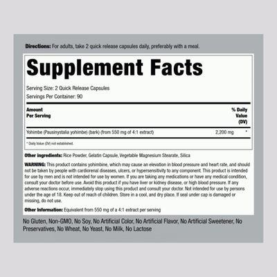 Piping Rock Yohimbe Supplements for Men | 2200 mg | 180 Capsules | Max Concentrated Extract | Non-GMO, Gluten Free Supplement