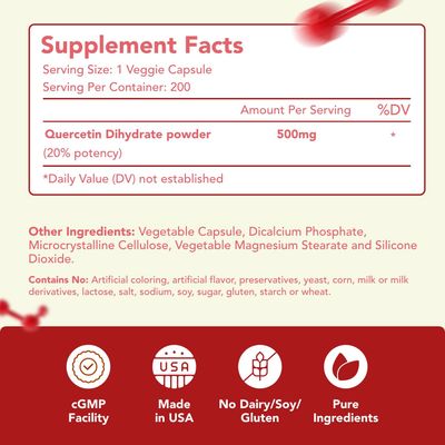 Healthy Way Pure Quercetin 500mg Supplement - 200 Capsules - Quercetin Dihydrate to Support Cardiovascular Health