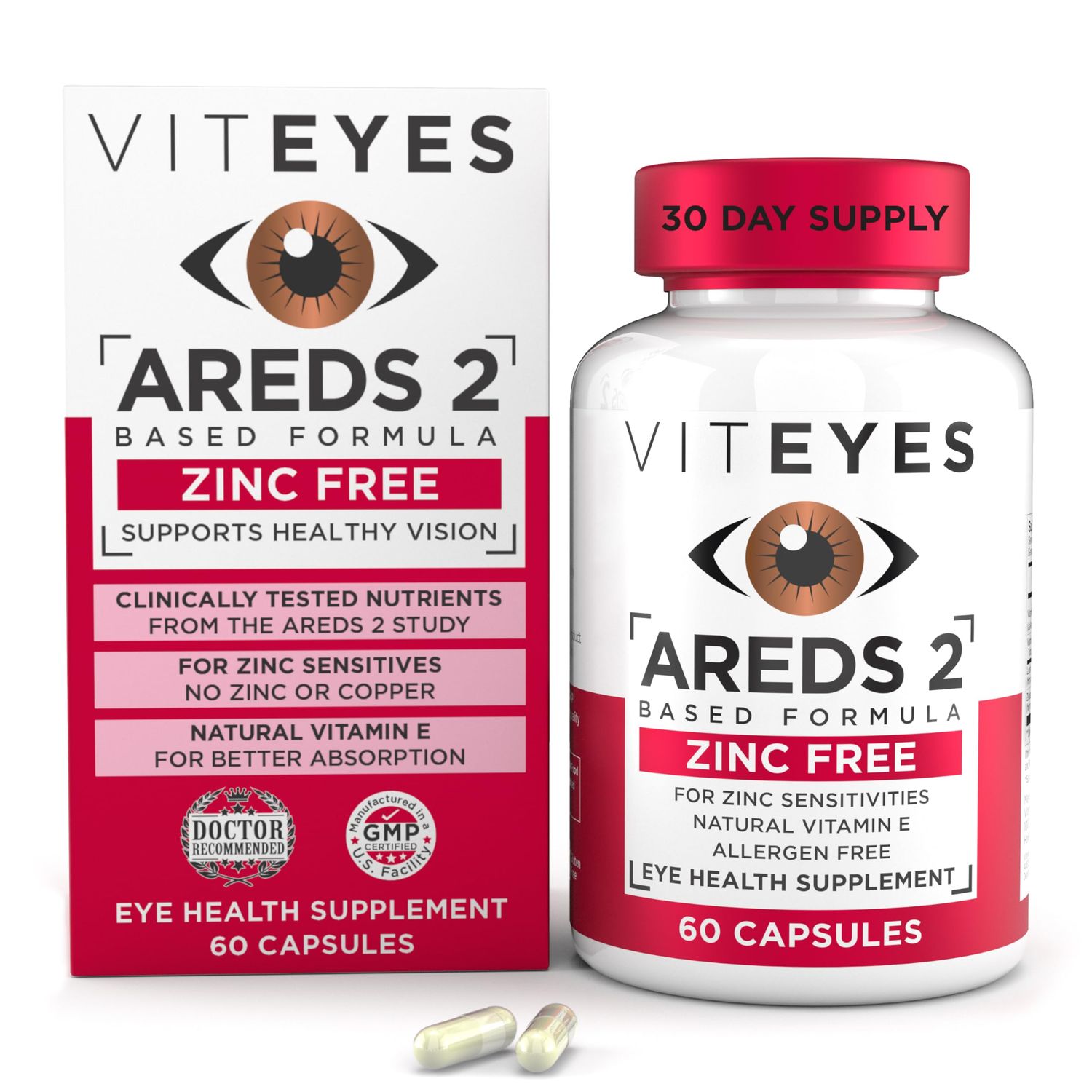 Viteyes AREDS 2 Zinc Free Macular Support, Natural Allergen Free Capsules with Vitamin E, Vitamin C, Lutein &amp; Zeaxanthin, No Zinc, No Copper, Eye Doctor Trusted, Manufactured in The USA, 60 Ct