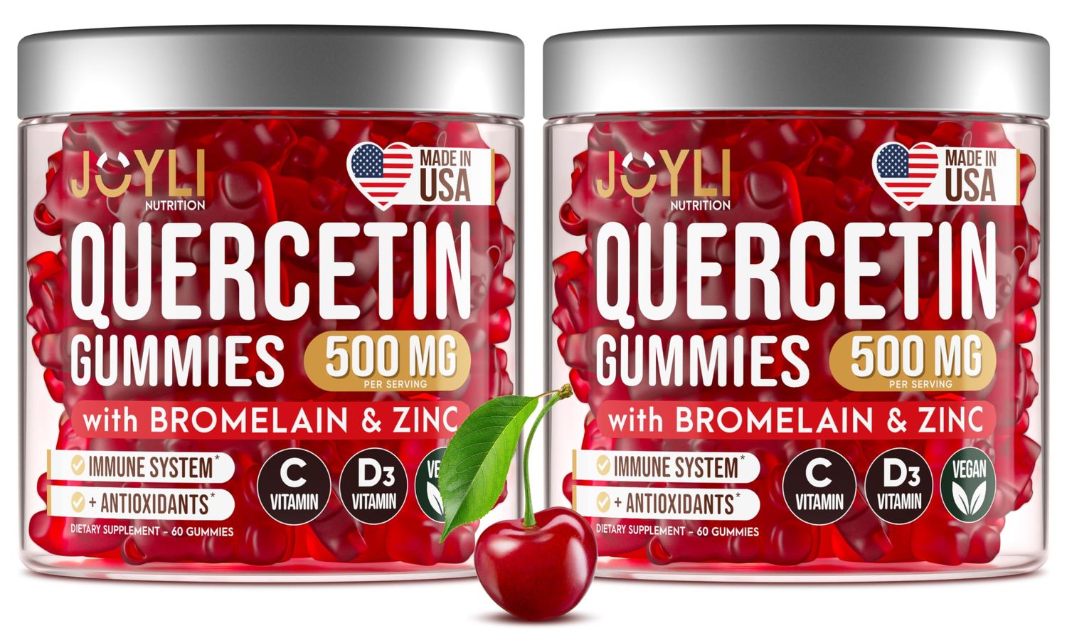 2 Pack - JOYLI Quercetin Gummies with Bromelain, Zinc, Vitamin C &amp; D3 - Sugar-Free Quercetin Supplement for Immune Support &amp; Seasonal Wellness - 500mg Quercetin for Kids &amp; Adults - 60 Gummies per Pack