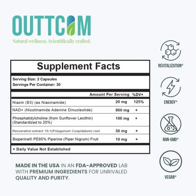 NAD Supplement w/ Resveratrol, B12, Phosphatidylcholine &amp; Bioperine - 900mg NAD Capsule, 60 Vegan, Non-GMO, Gluten-Free Capsules - Cellular Energy, Bioavailability, Liposomal NAD &amp; NMN Alternative