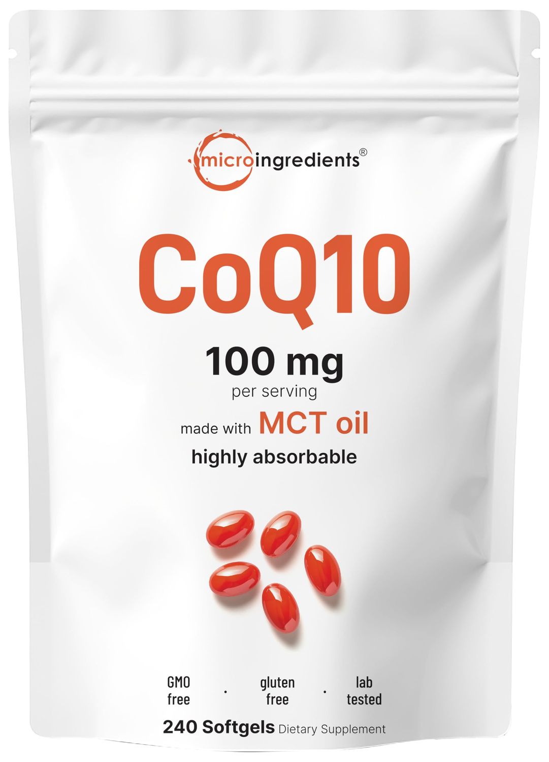 Micro Ingredients CoQ10 100mg Per Serving | 240 Softgels Made with Coconut MCT Oil | High Absorption Coenzyme Q10 as Ubiquinone | Antioxidant Support for Heart &amp; Energy Health | Non-GMO