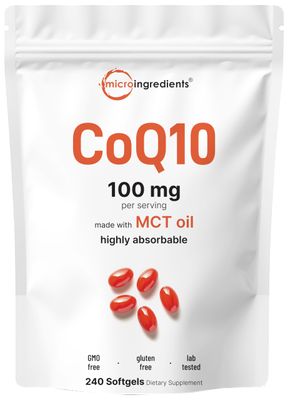 Micro Ingredients CoQ10 100mg Per Serving | 240 Softgels Made with Coconut MCT Oil | High Absorption Coenzyme Q10 as Ubiquinone | Antioxidant Support for Heart &amp; Energy Health | Non-GMO