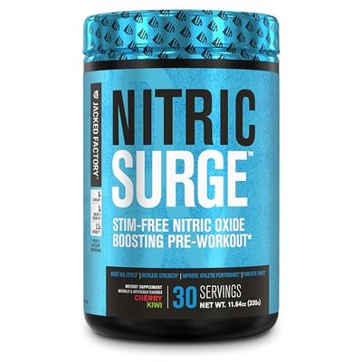 Jacked Factory Nitric Surge Stim Free Pre Workout Powder - Caffeine-Free Nitric Oxide Supplement w/Con-Cret Creatine, L Citrulline, &amp; GlycerSize Glycerol - Cherry Kiwi, 30 Servings