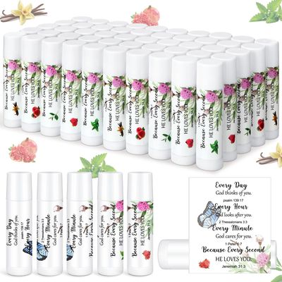 Siifert 50 Pcs Lip Balm Bulk Christian Gift for Women Faith Religious Bible Verse Lip Balm Inspirational Gift Scripture Moisturizing Lip Care Product for Coworker Sister Teacher (Floral)