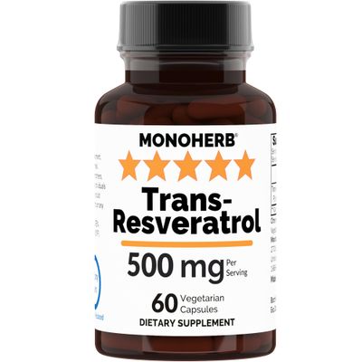 MONOHERB Trans Resveratrol 500 mg - 60 Veg Capsules | 250 mg per Capsule - Serving Size 2 Capsules: 500 mg - 30 Servings