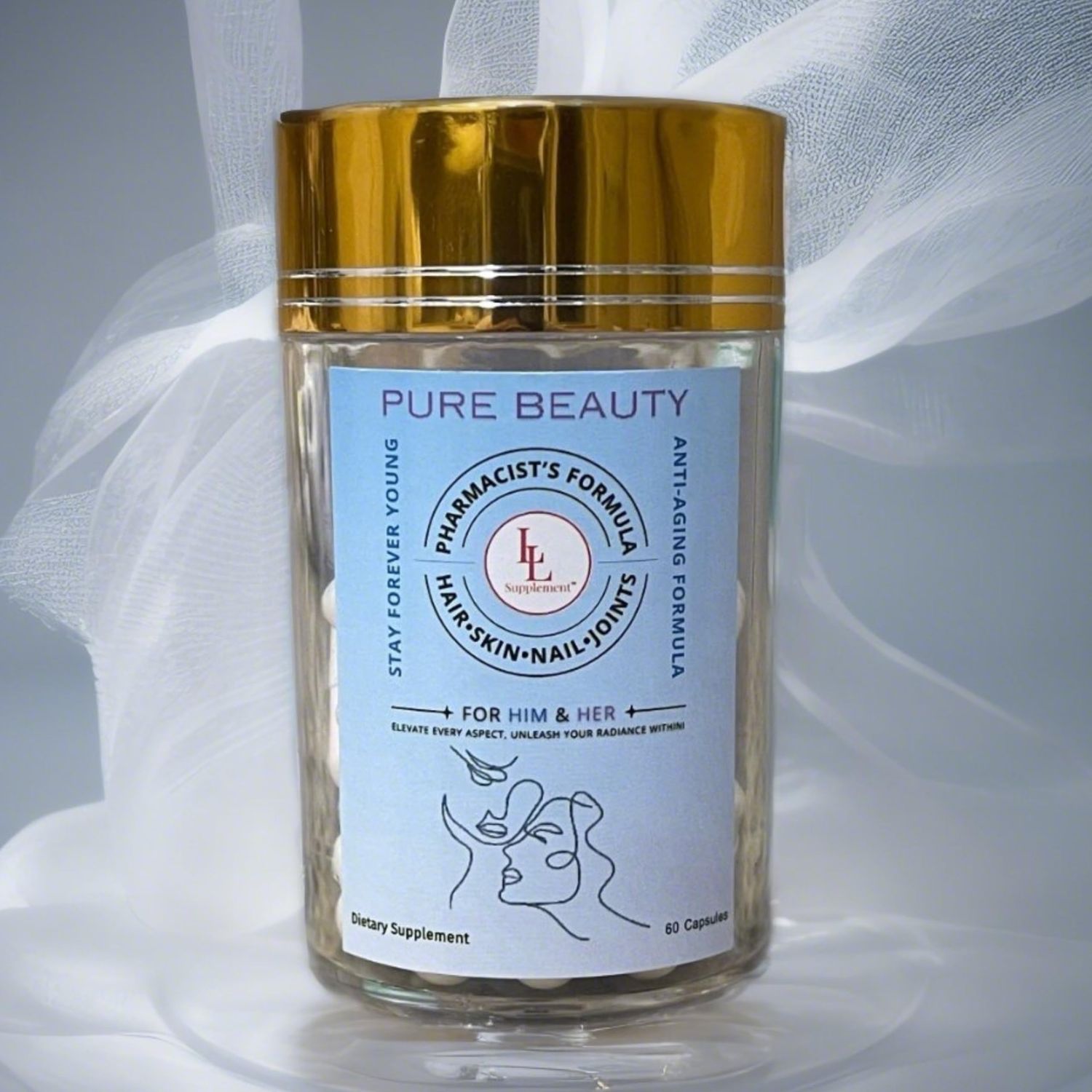 Pure Beauty by LL Supplement - Pharmacist-Formulated Anti-Aging Collagen, NR, Resveratrol, Hyaluronic Acid, CoQ10 - Glow, Hydrate, Renew from Within - 60 Capsules