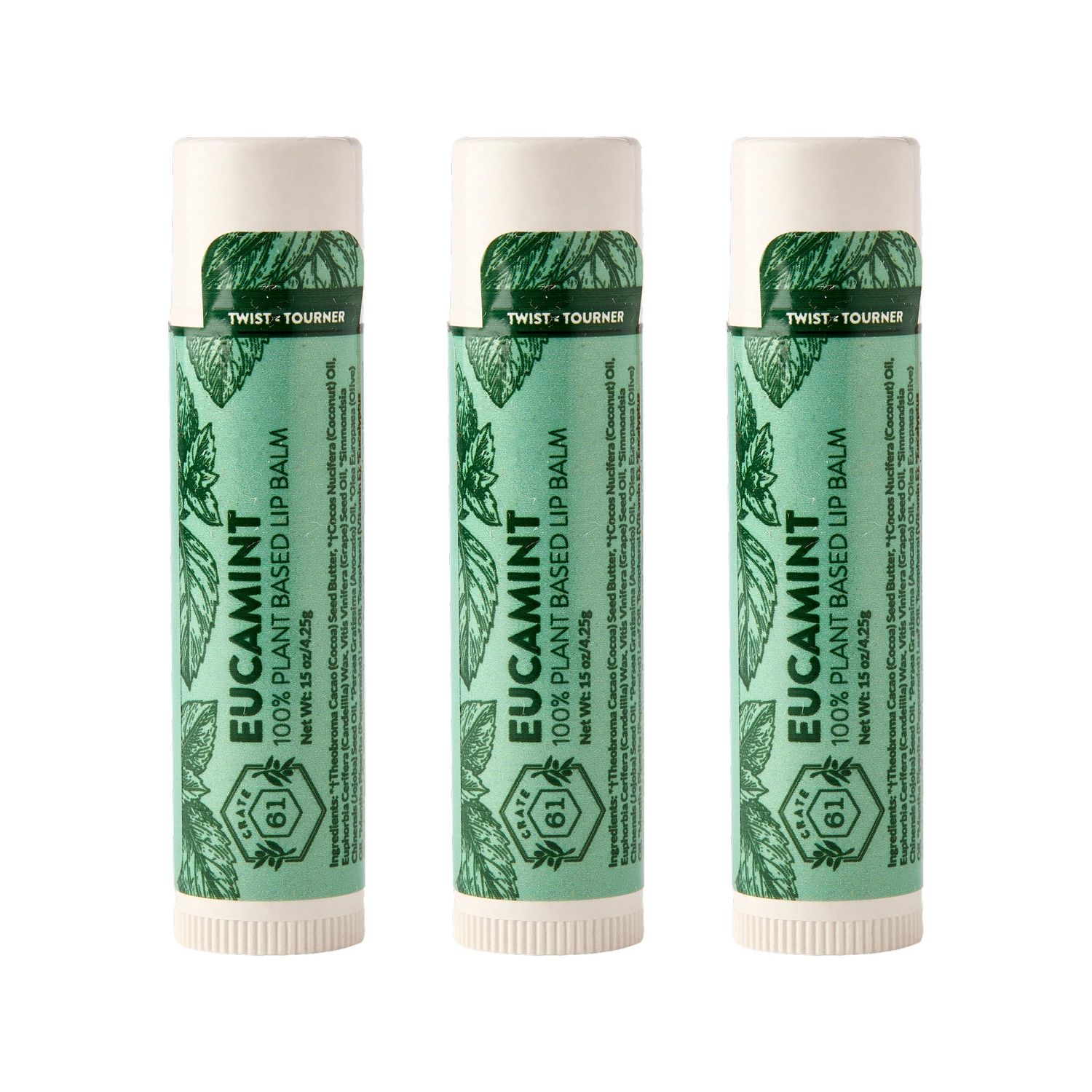 Crate 61 Lip Balm 3-Pack with USDA Organic ingredients Flavored with Premium Essential Oils and Organic Flavors, for Men and Women (3 Pack, Eucamint)