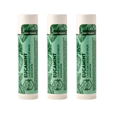 Crate 61 Lip Balm 3-Pack with USDA Organic ingredients Flavored with Premium Essential Oils and Organic Flavors, for Men and Women (3 Pack, Eucamint)