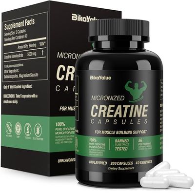 BIKAYALUE Micronized Monohydrate Creatine, 5000mg Per Serving Creatine Capsules Supplement(40 Servings), for Muscle Growth, Increased Strength, Energy Recovery, Gluten Free for Women and Men