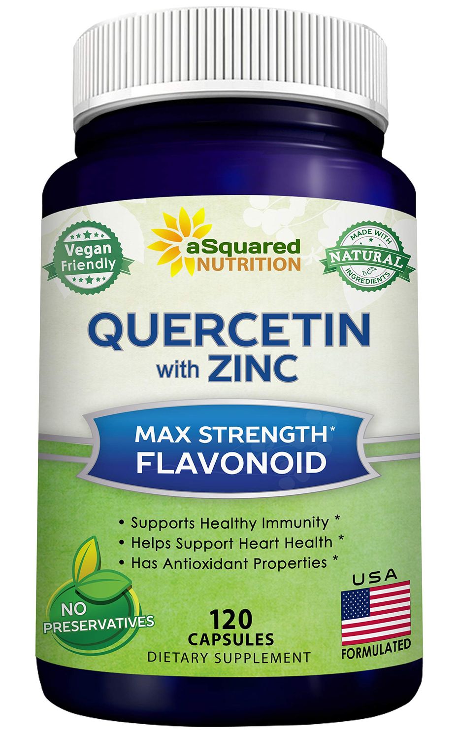 aSquared Nutrition Quercetin 1000mg with Zinc Supplement - 120 Capsules - Quercetin Dihydrate with Black Elderberry &amp; Zinc - Max Strength Powder Complex Pills to Help Improve Immune Response