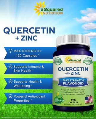 aSquared Nutrition Quercetin 1000mg with Zinc Supplement - 120 Capsules - Quercetin Dihydrate with Black Elderberry &amp; Zinc - Max Strength Powder Complex Pills to Help Improve Immune Response