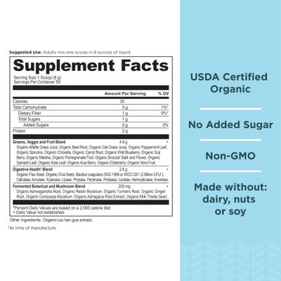 Ancient Nutrition Super Greens Powder, Organic Superfood Powder with Probiotics Made with Spirulina, Chlorella, Matcha, and Digestive Enzymes, 50 Servings, 14.1 oz