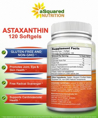 aSquared Nutrition Astaxanthin Supplement - Natural Astaxanthin Pills from Haematococcus Pluvialis Extract for Pure Energy - Max Strength 10mg - 120 Softgels