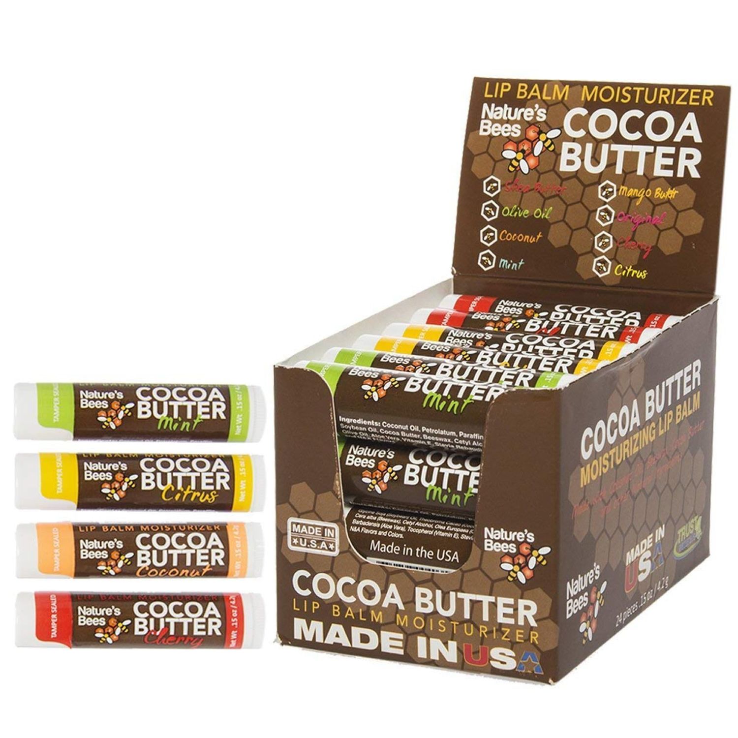 Nature&#39;s Bees Cocoa Butter Lip Balm, Lip Care for Dry Lips, Made with Coconut Oil, Beeswax, Vitamin E, Aloe, and Shea Butter, 0.15 oz Each, 4 Flavors, Citrus, Coconut, Cherry, and Mint, 24 Pack