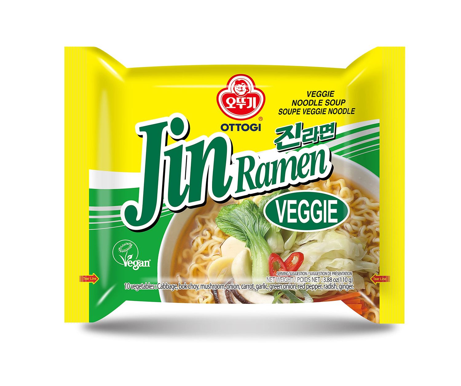 OTTOGI Jin Ramen Veggie, Vegetable Ramen Soup for Vegeterian, Korean Style Instant Vegan Noodle, 3.88oz x 4 Pack