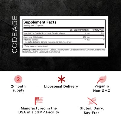 Codeage Liposomal CoQ10 Max Supplement - 250 mg Coenzyme Q10 with Vitamin E Isomers Tocopherols - 2-Month Supply - 1 Capsule Per Serving - Liposomal Delivery - Non-GMO, Gluten-Free - 60 Capsules