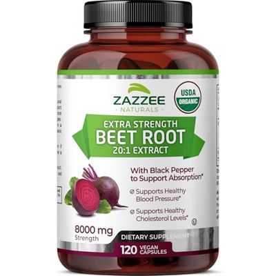 Zazzee USDA Organic Beet Root 8000 mg Strength 20:1 Extract, 120 Vegan Quick Release Capsules, Black Pepper Extract for Enhanced Absorption, Supports Nitric Oxide Production, Non-GMO, Made in The USA