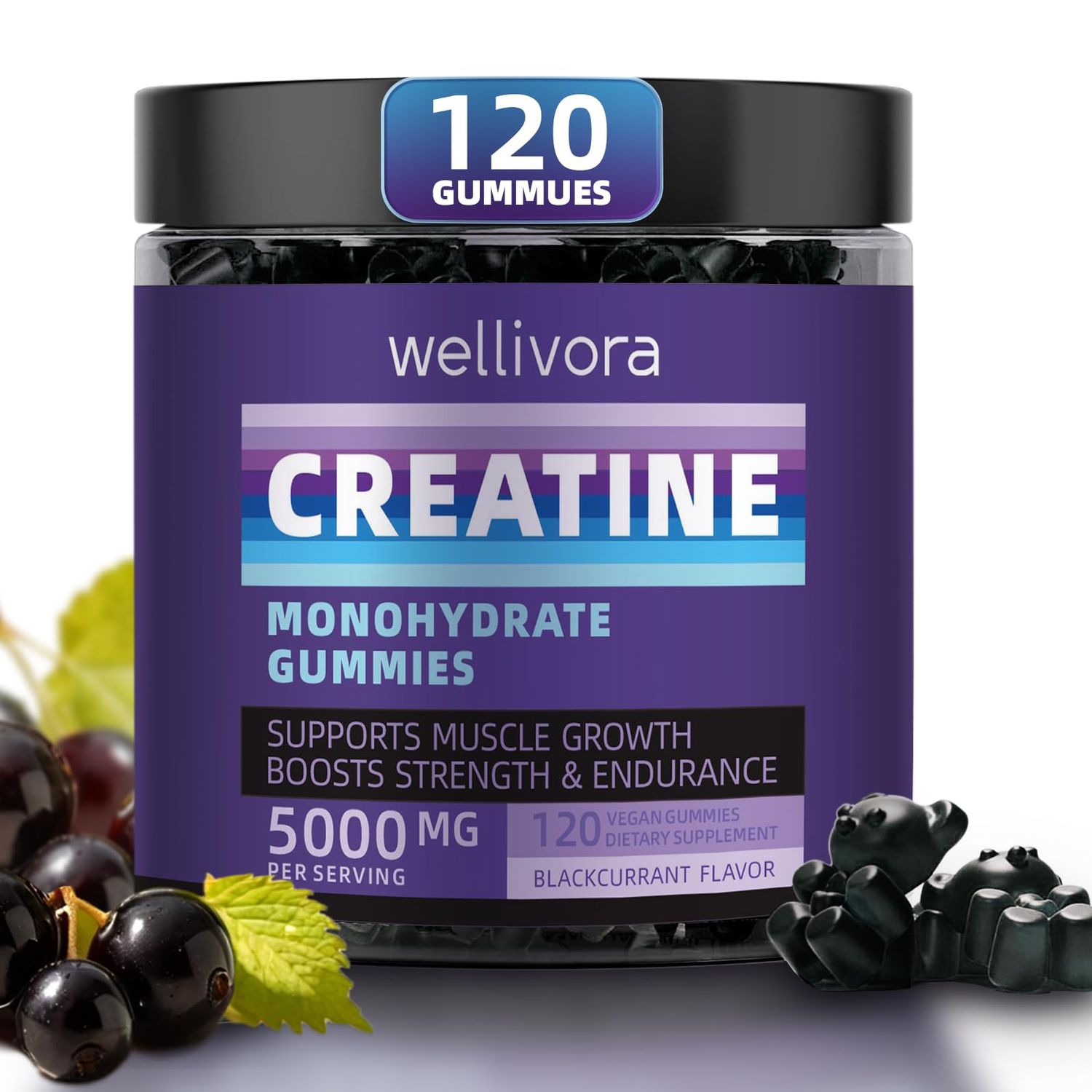 WELLIVORA Creatine Monohydrate Gummy - 5000mg per Serving, 120 Count - Supports Muscle Strength, Endurance, and Energy - Delicious Blackcurrant Flavor - Gluten-Free, Vegan-Friendly