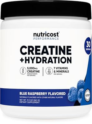 Nutricost Creatine Monohydrate Hydration Blue Raspberry Flavored (30 Servings) - 7 Vitamins &amp; Minerals, 5000mg of Creatine Per Serving