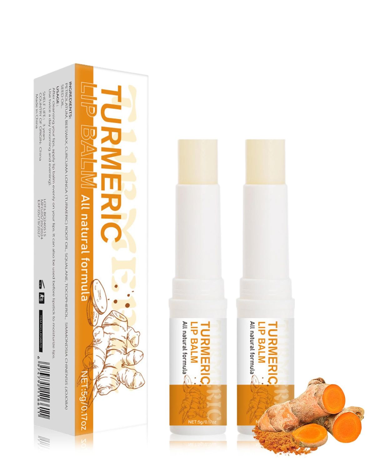 Turmeric Lip Balm,2Pcs Moisturizing Natural Lip Blam for Dark Lips Treatment with Turmeric Oil, Long-Lasting Hydrating Lipstick Moisturizer Exfoliator Scrub for Dry,Cracked Lip Softening&amp; Nourishing