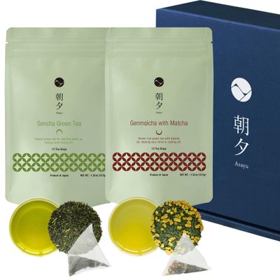 Asayu Japan Green Tea, Green Boost Gift Set, Japanese Sencha and Genmaicha with Matcha Powder, Made in Japan, 30 Tea Bags - Sencha &amp; Roasted Brown Rice Tea with Matcha